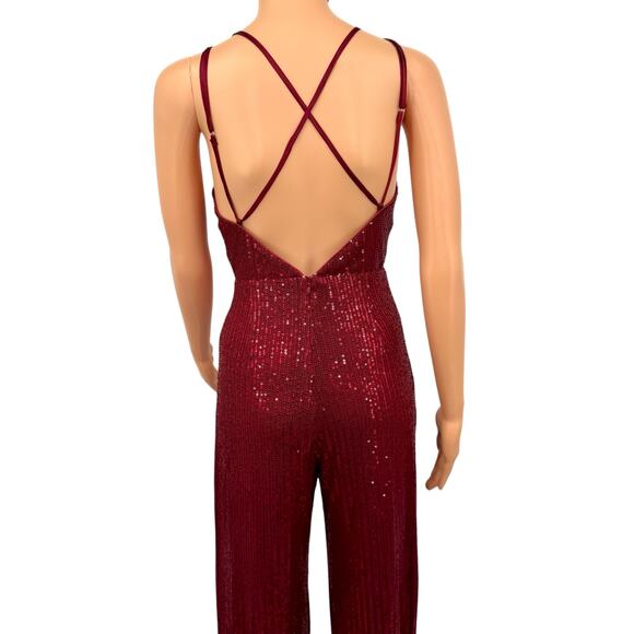 Lulus Wine Red Sequin Wide Leg Jumpsuit Size M Crisscross Open Back Sleeveless - Picture 7 of 16